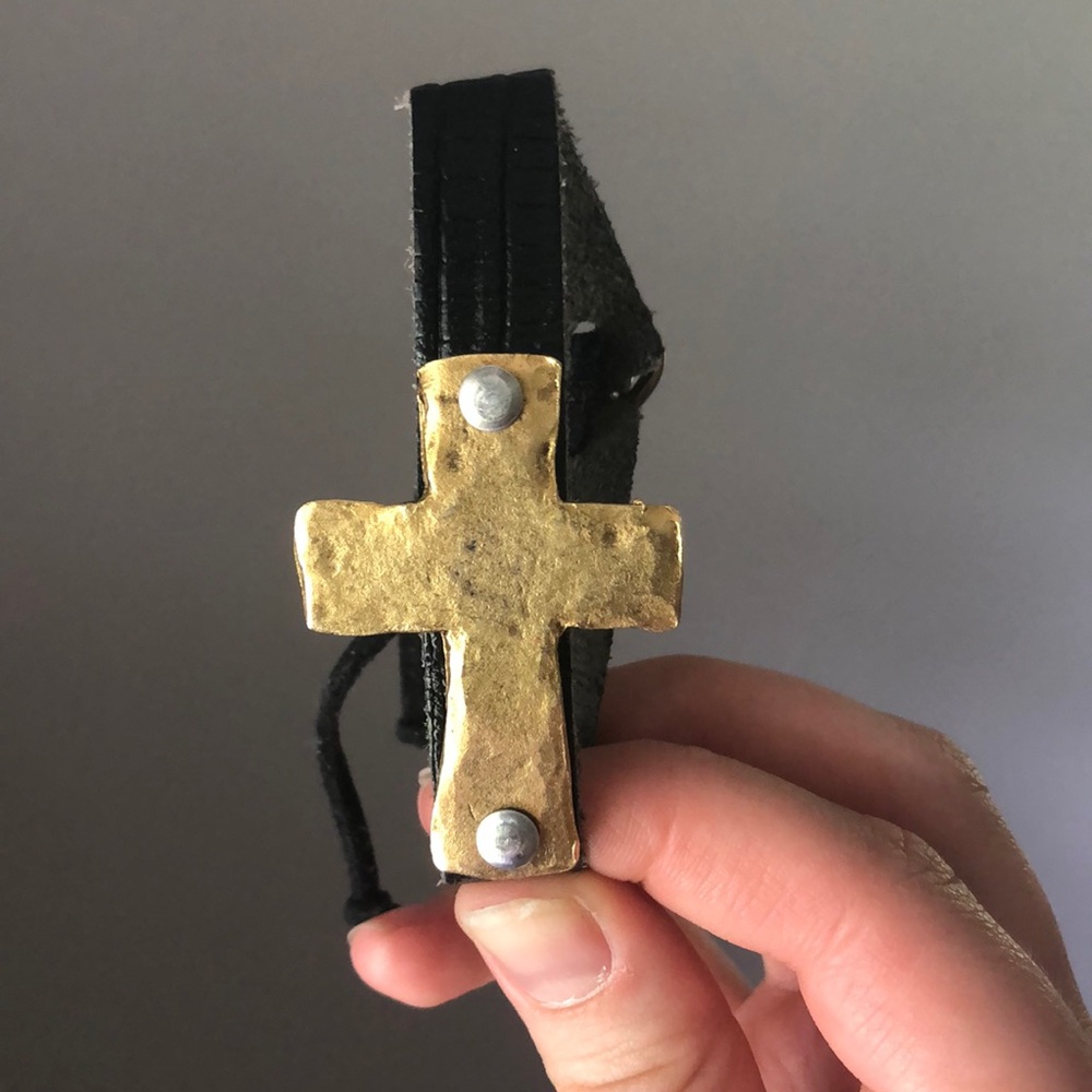 Gold & leather cross bracelet
